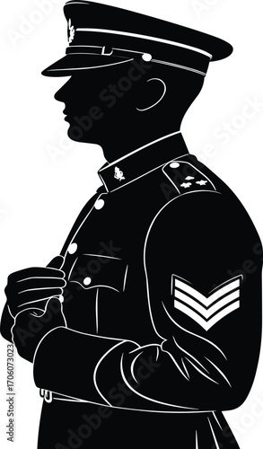 Black and white silhouette of military sergeant in uniform with peaked cap and chevron rank insignia, vector illustration for design projects