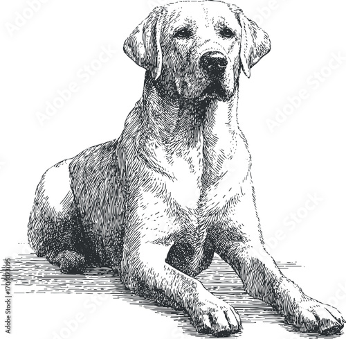 A detailed sketch of a relaxed Labrador dog laying on the ground.