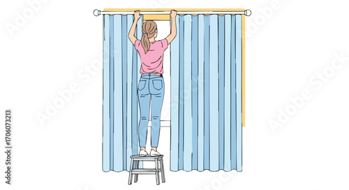 Rear view illustration of a woman in casual clothes standing on a step stool to hang blue curtains.