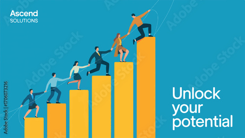 Vector art of team climbing stairs to success, unlock your potential