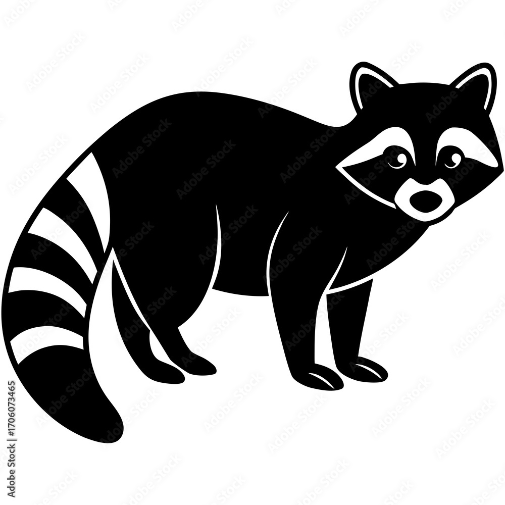 Obraz premium Cute cartoon raccoon with striped tail standing and looking forward silhouette