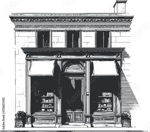 A vintage shopfront illustration showcasing an elegant building with display windows and entrance.