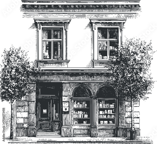 A detailed illustration of a vintage bookstore storefront with large windows and trees.