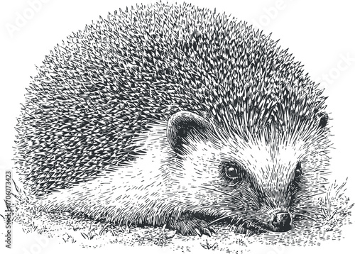 A detailed black and white illustration of a resting hedgehog in natural surroundings.