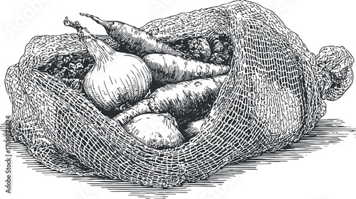 A detailed illustration of assorted fresh vegetables in a burlap sack.