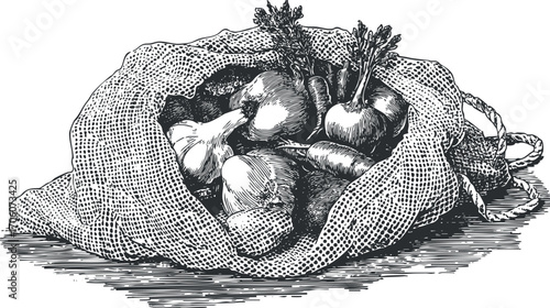 A vintage illustration of a burlap sack filled with assorted fresh vegetables and herbs.