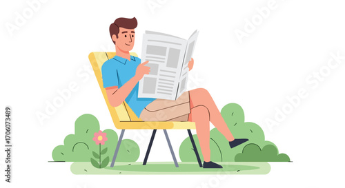 Relaxed young man in casual clothes reading a newspaper on a yellow chair in a garden.