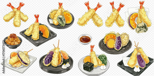 Collection of various Japanese tempura dishes featuring crispy fried shrimp and assorted vegetables like pumpkin and eggplant, presented on plates with sauce.