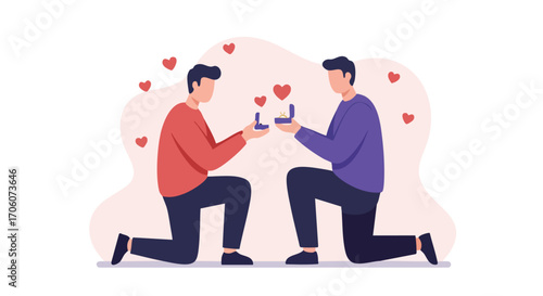 Romantic gay couple proposing marriage to each other kneeling with engagement rings and surrounded by hearts.