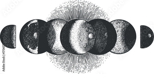 Illustration depicting the various phases of the moon in a circular arrangement.