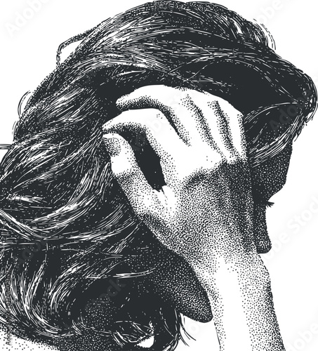 A detailed artistic illustration of a woman with long hair covering her face in thought.