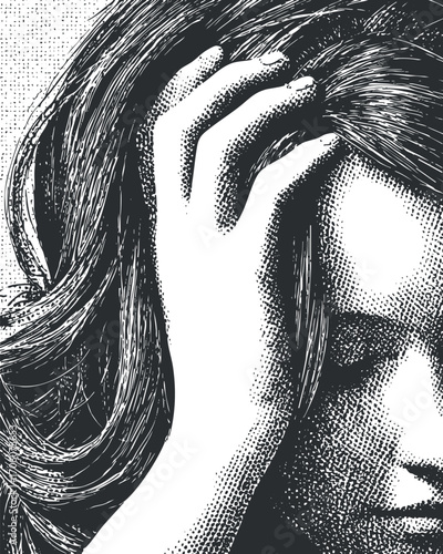 A black and white illustration of a woman with long hair expressing stress and emotion.