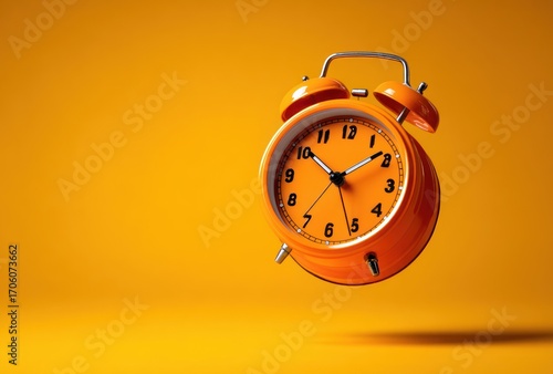 Vibrant orange twin-bell alarm clock levitates against a matching yellow background, casting a shadow below, creating a sense of surreal urgency