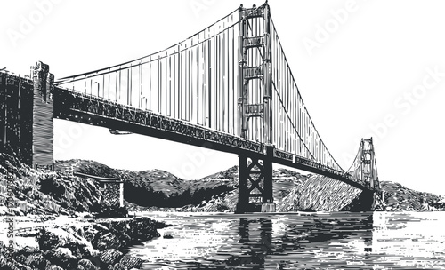 Illustration of the Golden Gate Bridge showcasing its iconic structure and scenic surroundings.