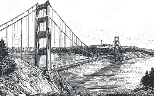 Illustration of the Golden Gate Bridge in San Francisco showcasing its iconic suspension design.