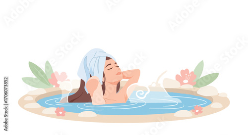 Serene woman with a towel wrap relaxing in a natural outdoor onsen with flowers.