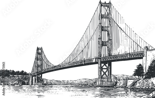 Detailed illustration of a suspension bridge spanning a river with scenic surroundings.