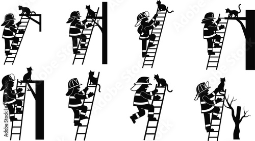 Firefighter rescuing cat, ladder rescue, animal rescue, fireman saving pet, emergency rescue, silhouette illustration, fire safety, cat rescue