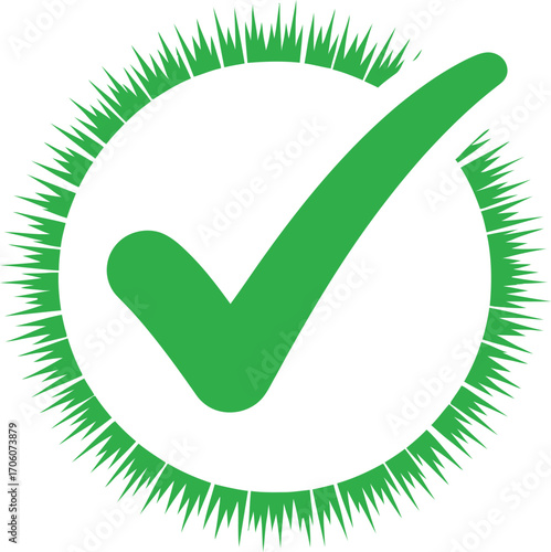 Green Check Mark Surrounded by Spiky Circle, Confirmation on White Background
