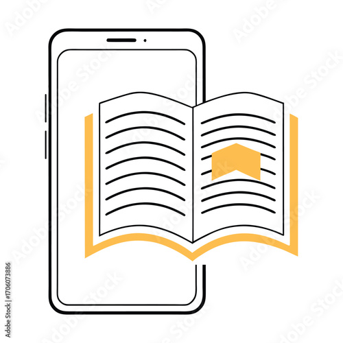 Vector art of digital book on a smartphone screen, representing elearning or online reading