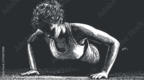 A detailed illustration of a woman performing pushups as part of her fitness routine.