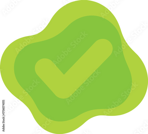 Green Check Mark with Overlapping Abstract Shapes Isolated on White Background
