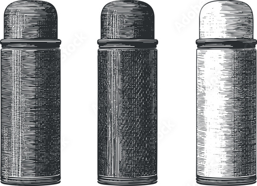 Illustration of three vintage thermos bottles in various styles and designs.