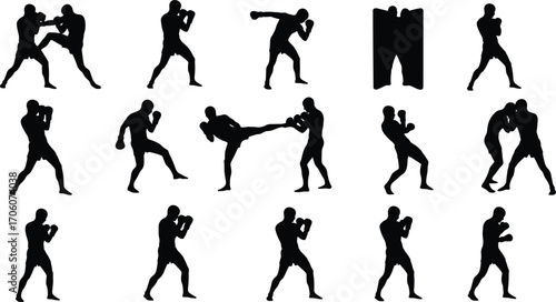 Silhouettes of boxers and martial artists training, sparring, kicking, punching, practicing techniques, fitness, combat sports, workout, boxing stance, martial arts drills.