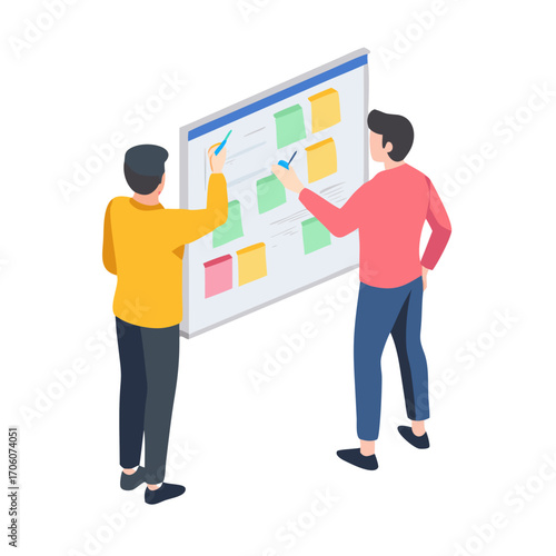 Vector illustration of team brainstorming with sticky notes on board, flat clean design business planning and teamwork concept
