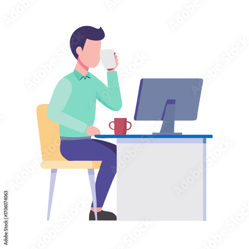 Vector illustration of employee drinking coffee at computer desk, flat clean design office work and productivity concept
