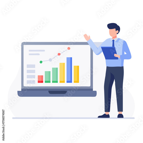 Vector illustration of businessman presenting data on big screen, flat clean design business analytics and corporate strategy concept
