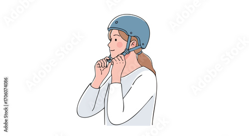 Side profile illustration of a smiling young woman fastening her light blue safety helmet.
