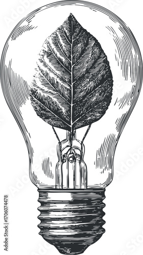 An artistic representation of a lightbulb containing a leaf symbolizing eco-friendly innovation and sustainability.