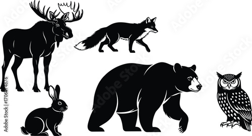 Black and white silhouettes of moose, fox, bear, rabbit, and owl, detailed wildlife vector illustration for nature, forest, and animal design projects