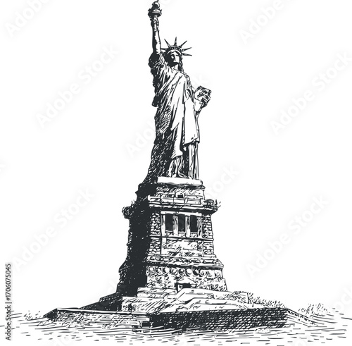 Black and white illustration of the Statue of Liberty standing tall on Liberty Island