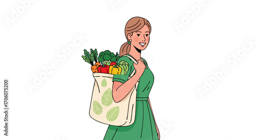 Smiling woman in a green dress carrying a reusable tote bag full of fresh organic vegetables.