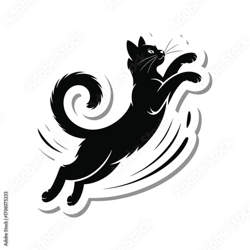 Playful Black Cat Silhouette Illustration Leaping with Joyful Energy on White Background