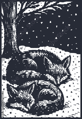 Striking black and white art of two foxes sleeping in the snow. Graphic woodcut-style wildlife illustration.