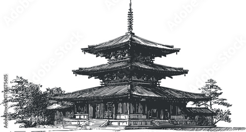 A detailed illustration of an ornate Asian temple showcasing traditional architectural features.