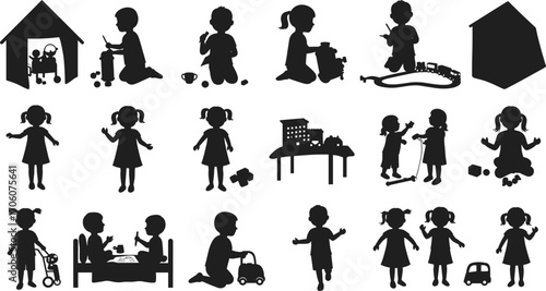 Silhouettes of children playing with toys, riding scooters, building blocks, and interacting indoors and outdoors, childhood fun and imagination.