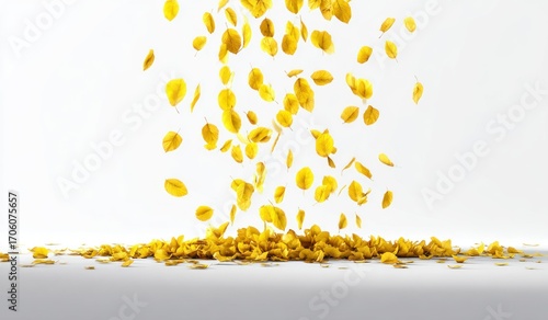 Golden leaves fall onto a white surface, creating a vibrant heap. The scene is simple, bright, and visually pleasing, capturing autumn's essence