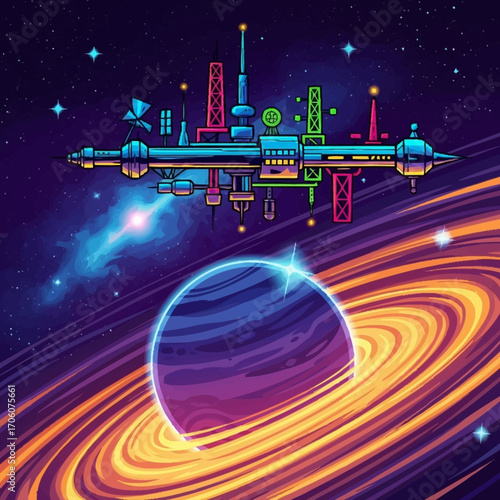 Futuristic Space Station Orbiting a Gaseous Planet with Rings Sci Fi Artwork