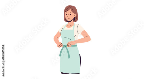 Smiling woman with short brown hair tying a light blue kitchen apron flat vector illustration.