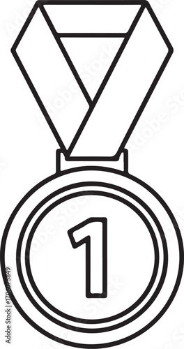 Simple outline drawing of a first place gold medal with ribbon