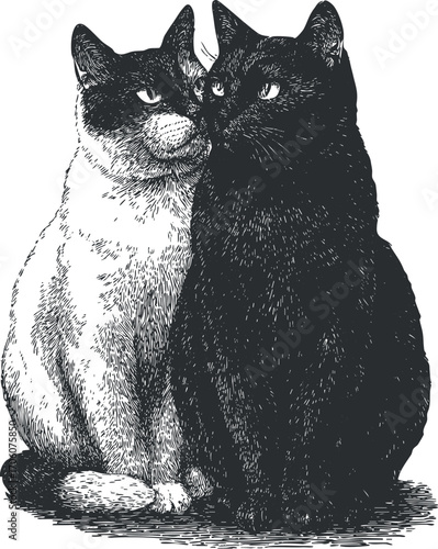 A vintage illustration of two cats, one black and one white, sitting together affectionately.