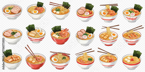 Fifteen bowls of ramen with various toppings like eggs, pork, shrimp, and nori seaweed, arranged on a transparent background.