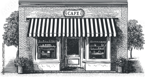 Illustration of a charming cafe storefront with a striped awning and outdoor seating.