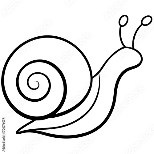 Simple black and white outline drawing of a snail with a swirled shell silhouette
