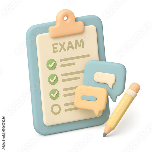 Wallpaper Mural 3D Render of Exam Clipboard with Checklist Speech Bubbles and Pencil. Torontodigital.ca