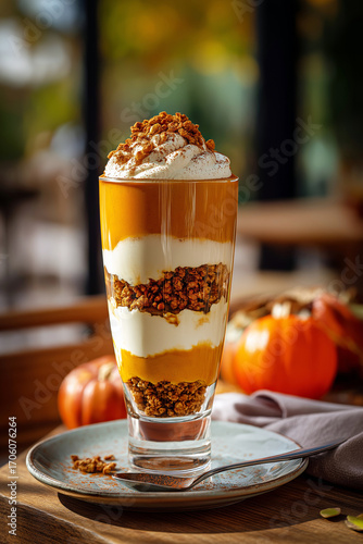 Vertical shot of layered pumpkin parfait in a tall glass with cream, granola and cinnamon, styled on a café table.